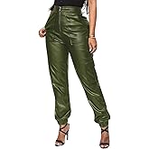 Sexyshine Women's Faux Leather Loose Solid Pant High Waist Baggy Jogger Cargo Pant with Pockets