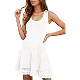 Wenrine Women's Summer Mini Dresses Sleeveless Knitted Crew Neck Casual Crochet Hem Slim Cute Tank Dress
