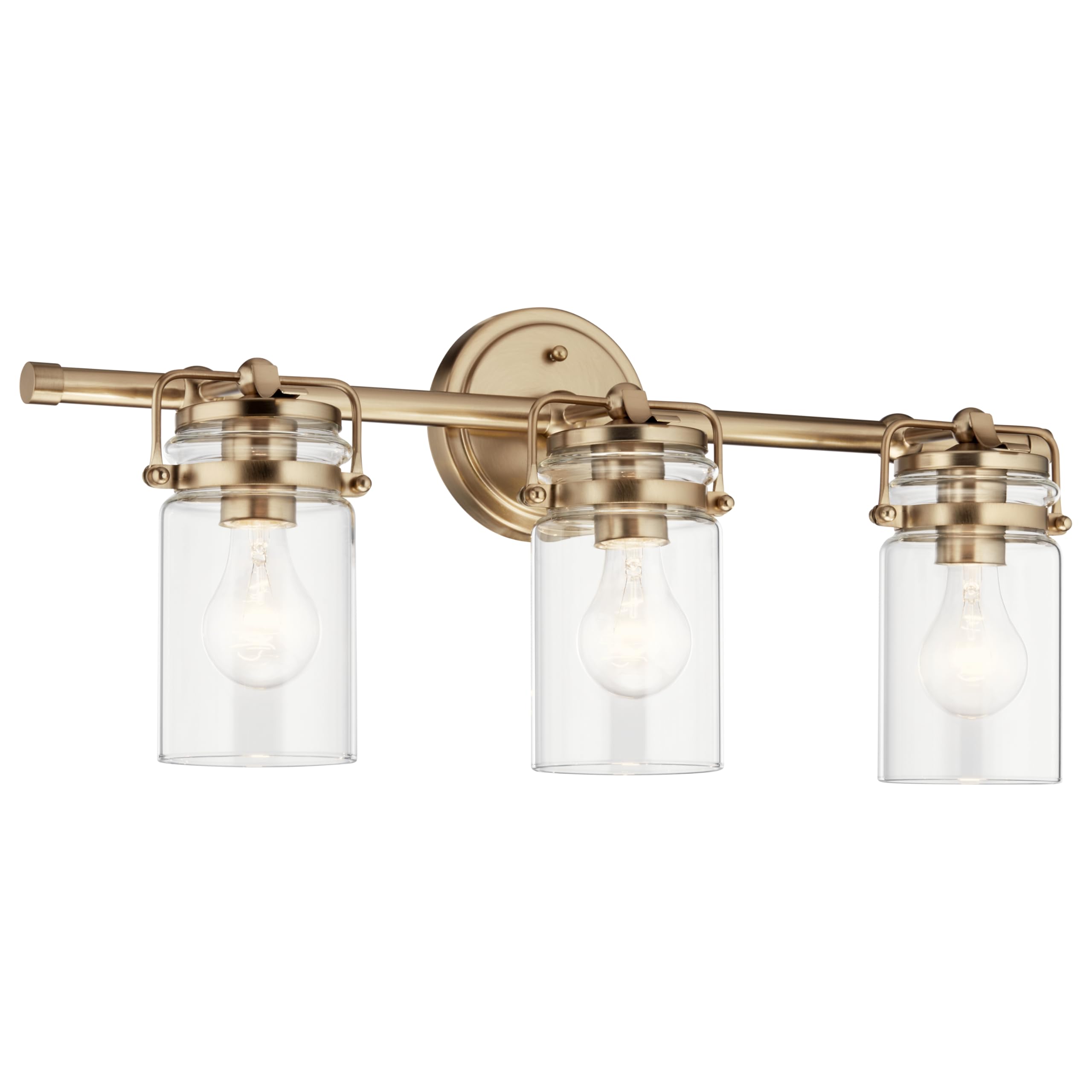 Photo 1 of Kichler, Brinley 24" 3 Light Vanity Light with Clear Glass in Champagne Bronze for Bathroom and Powder Room, (24" W x 10.25" H), 45689CPZ