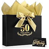 JMANNI Black Gold 50th Birthday Gift Bag with Card and Tissue Paper, 12.6"×9.84"×3.9" Elegant Present Bag for Men Women, 50 Year Old Birthday Keepsake Party Supplies