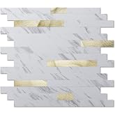 Art3d Faux Stone Peel &amp; Stick Backsplash Tile, 10pcs, Gold Stud White Slate | PVC, Multi-Style Decor Sheets, Waterproof, Traceless Peel, No Wall Damage, Ideal for Kitchen