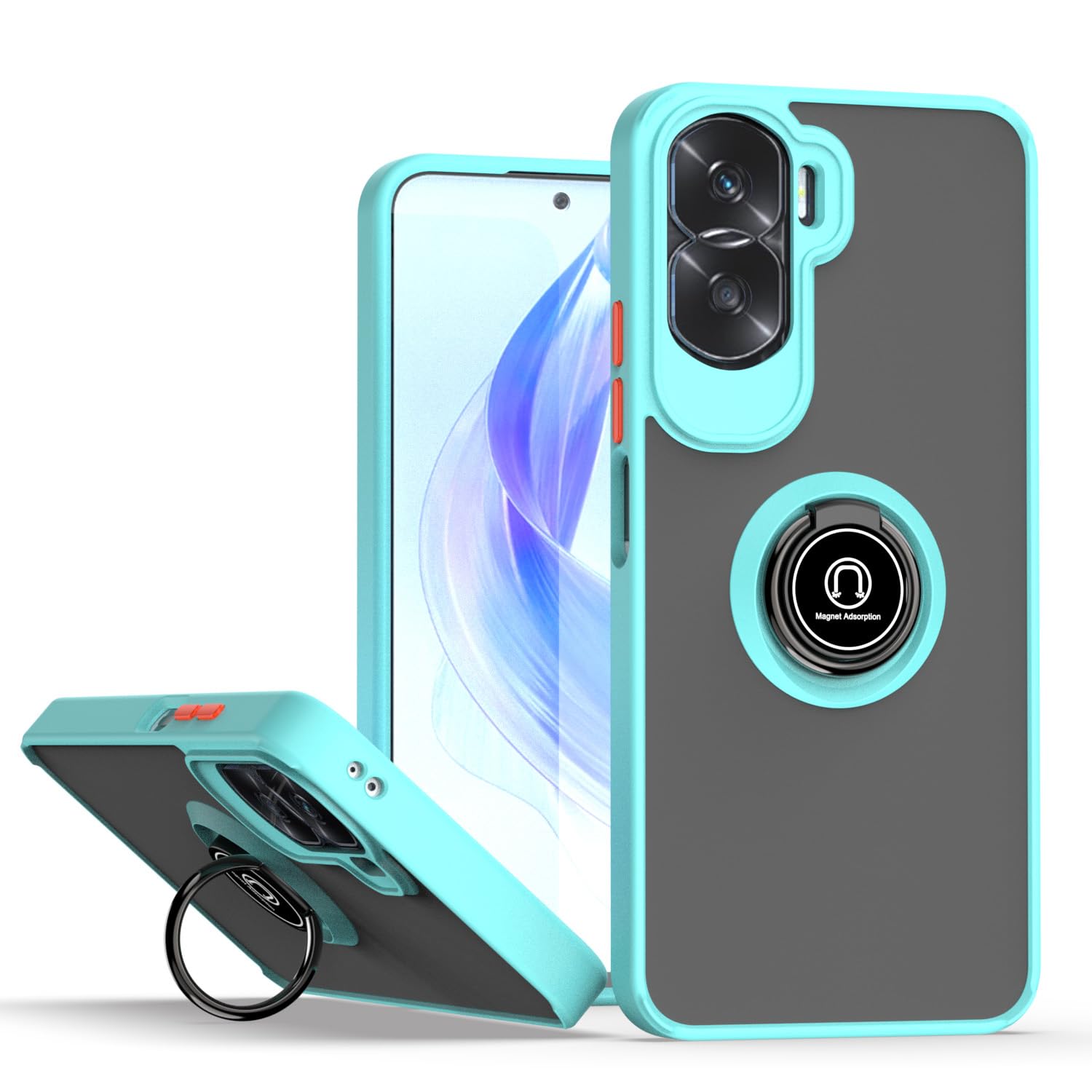 XINYEXIN Compatible with Honor 90 Lite 5G Case with Ring Holder, PC +TPU Shockproof Bumper Case Protective Cover - Sky Blue