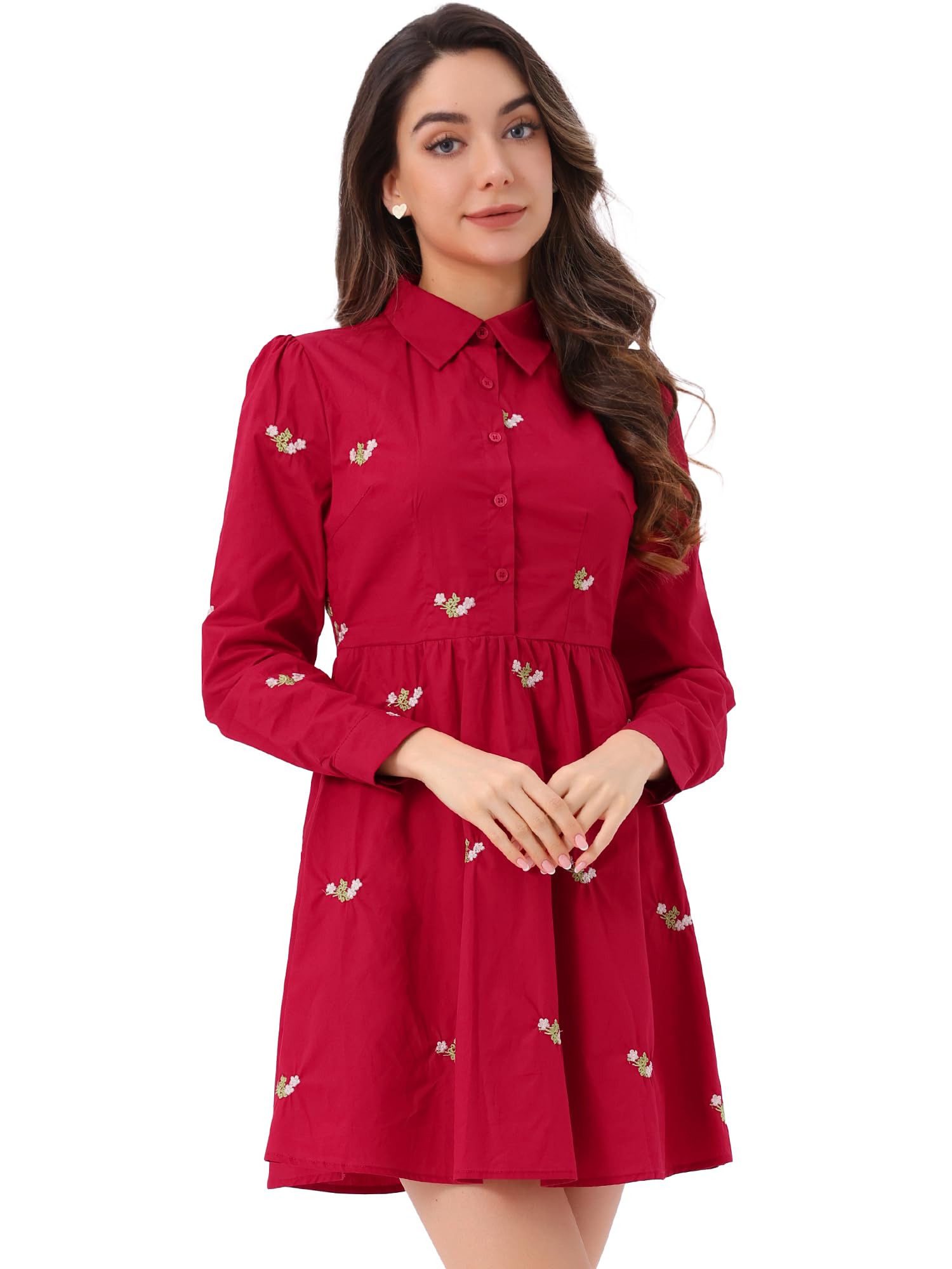 Photo 1 of Allegra K Women's Shirt Dress Long Sleeve Collared Floral Embroidered Casual Mini Dresses Medium Red