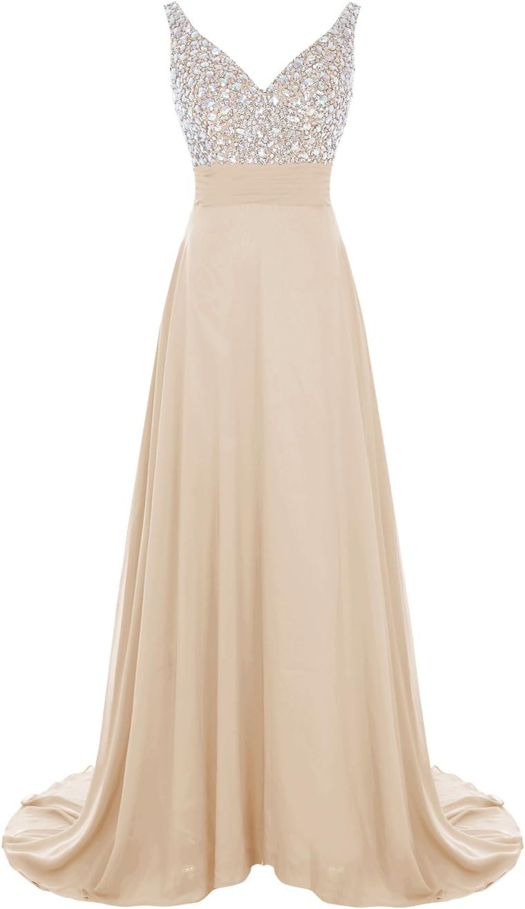 ALAGIRLS Long V Neck Prom Dress Beaded Chiffon Evening Party Gowns