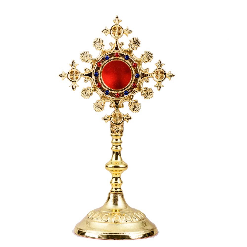 NKlaus Monstrance 5cm High Reliquary with Stones Gold Brass Solid Cross Reliquary Container for Souvenirs Holder Home Altar Luna Opening Back Handmade 2849