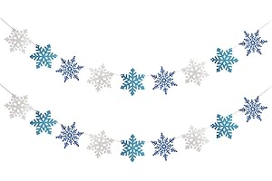LEESKY 2Pack White and Blue Glitter Snowflake Banner Winter Wonderland Banner Decorations Snowflake Garland Decorations for Christmas Winter Wonderland Baby Shower Birthday Decorations