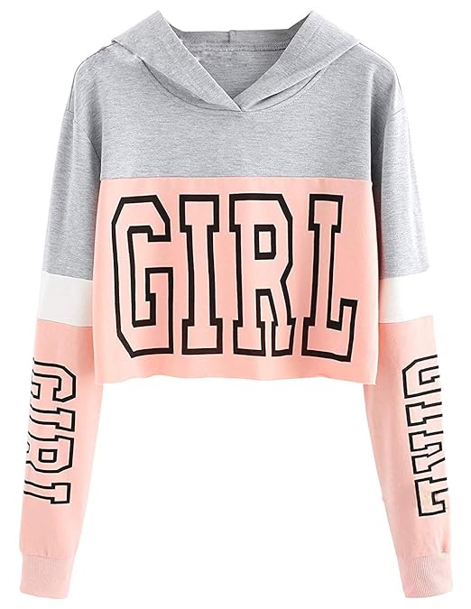 Bauchfreier Pulli Mädchen, Damen Hoodie Patchwork Pullover Brief Drucken Spleißen Langarm Kapuzen Sweatshirt Kapuzenpullover 