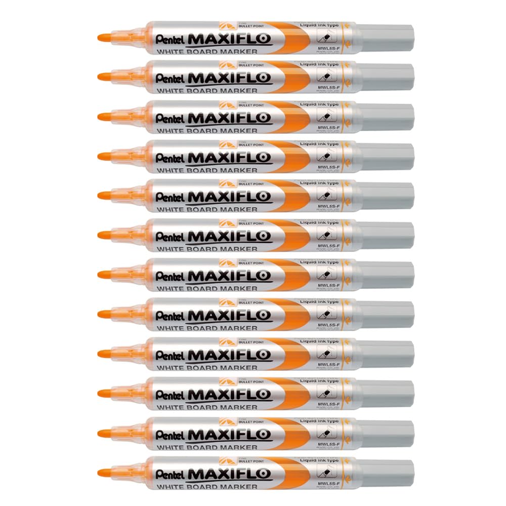 Pentel Maxiflo Dry Erase Marker Pen for Whiteboard Medium Tapered Tip Liquid Ink Orange (Pack of 12)