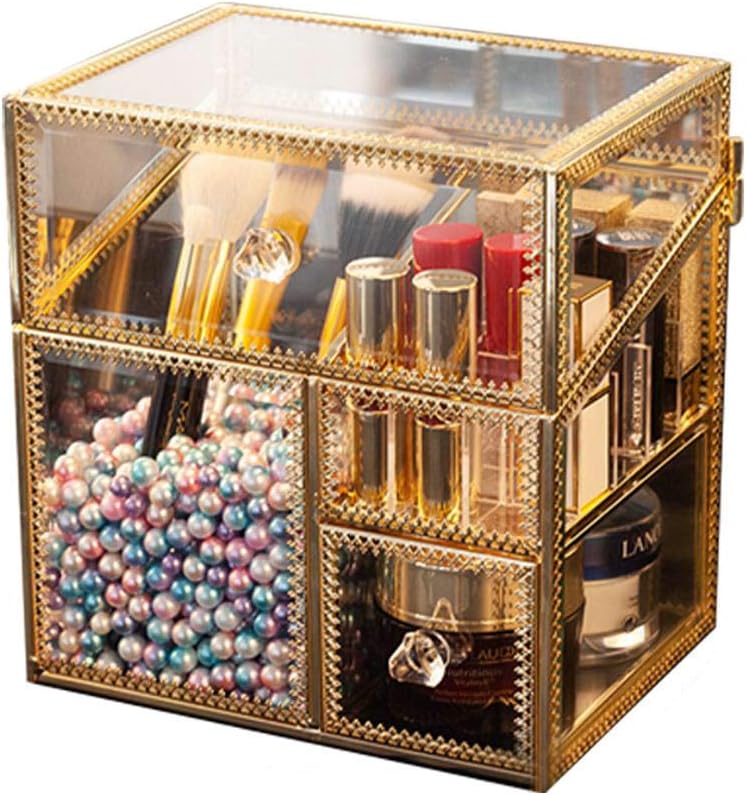 XIAMUSUMMER Antique Display Jewellery Box For Women, Gold Vintage Cosmetic Organiser for Makeup 8.27 x 4.41 x 8.39 inch (Gold)