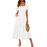 MASCOMODA Womens Summer Casual Midi Dress Square Neck Ruffle Short Sleeve Smocked High Waist A Line Wedding Guest Dresses