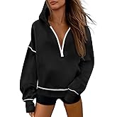 Fisoew Womens Half Zip Hoodies Casual Long Sleeve Oversized Fall Sweatshirts Contrast Stitch Loose Pullover Tops