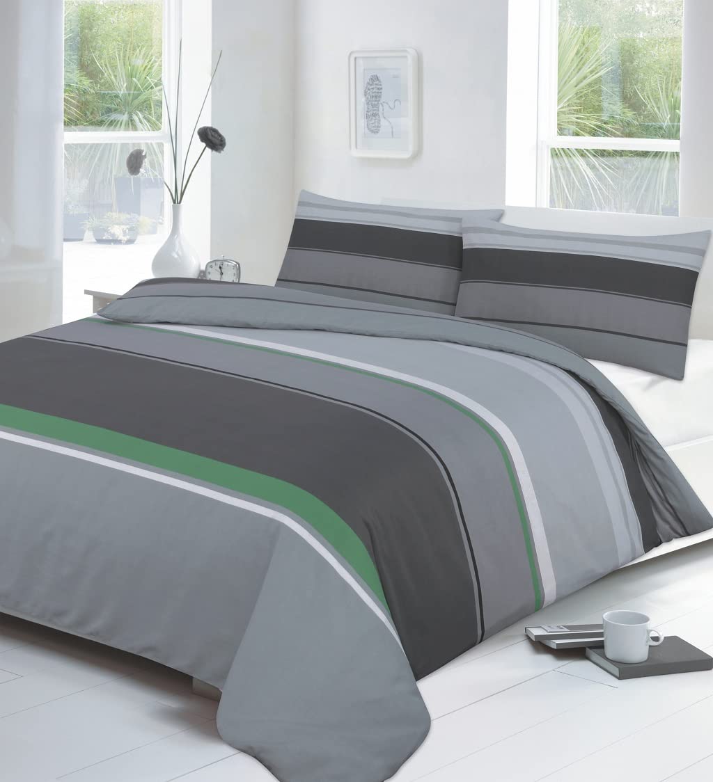 Kampala Hill Carter Green Super Kingsize Duvet Cover Set Polycotton Striped Bedding