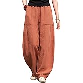 IXIMO Women's Linen Wide Leg Pants Casual Elastic Waist Loose Lantern Trousers Front Pockets