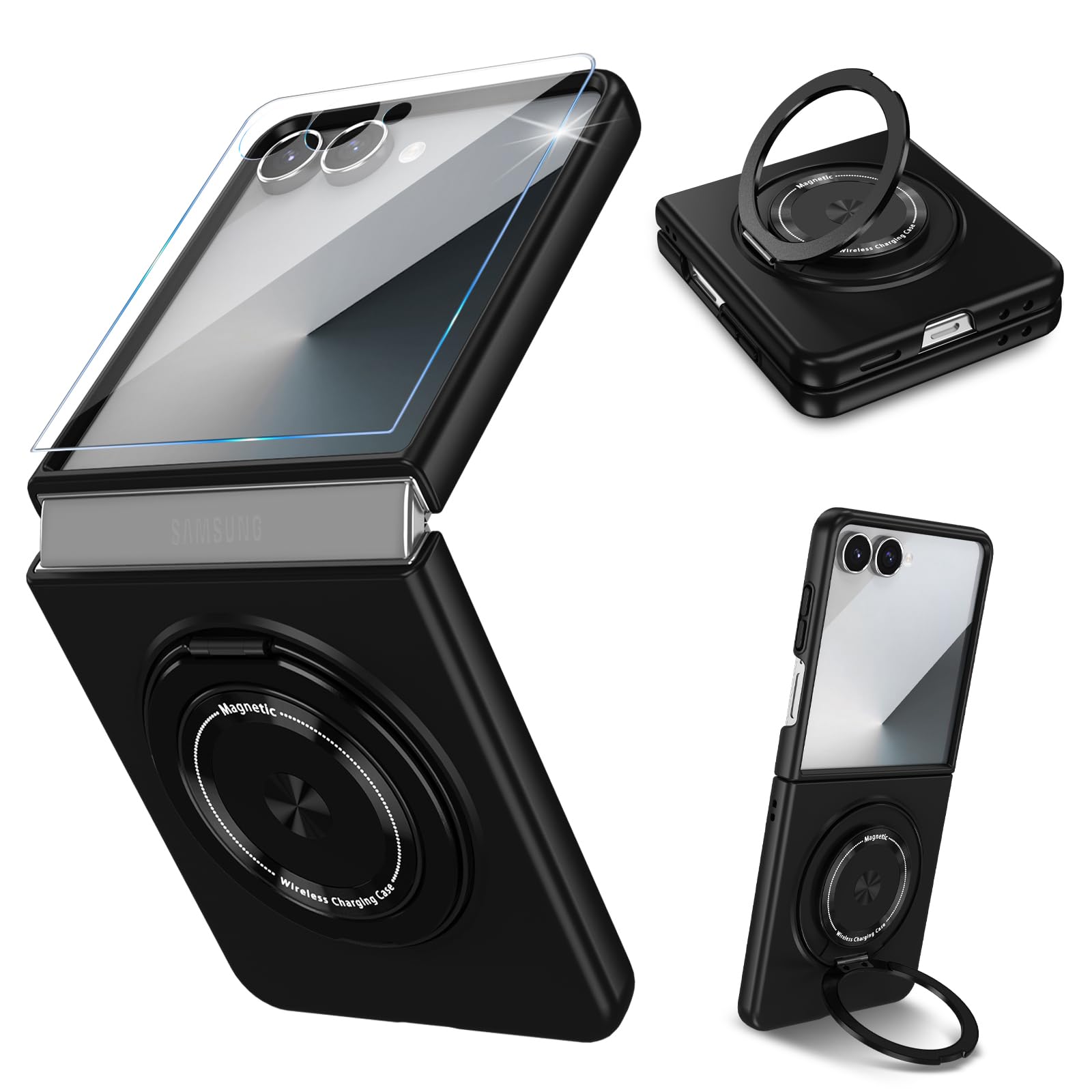 Photo 1 of Magnetic Case for Samsung Galaxy Z Flip 7 Case with Screen Protector Compatible with Mag-Safe, 360 Rotating Ring Holder Kickstand Military Grade Shockproof Phone Case for Samsung Z Flip 7 (Black)
