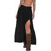 DERAX Western Boho Maxi Skirt with Slit for Women Country Cowgirl Skirts High Waist Long Skirts Black M