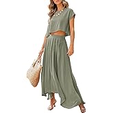 Dokotoo Dresses for Women 2 Piece Summer Outfits Crewneck Tops and Maxi Skirt Dress Sets
