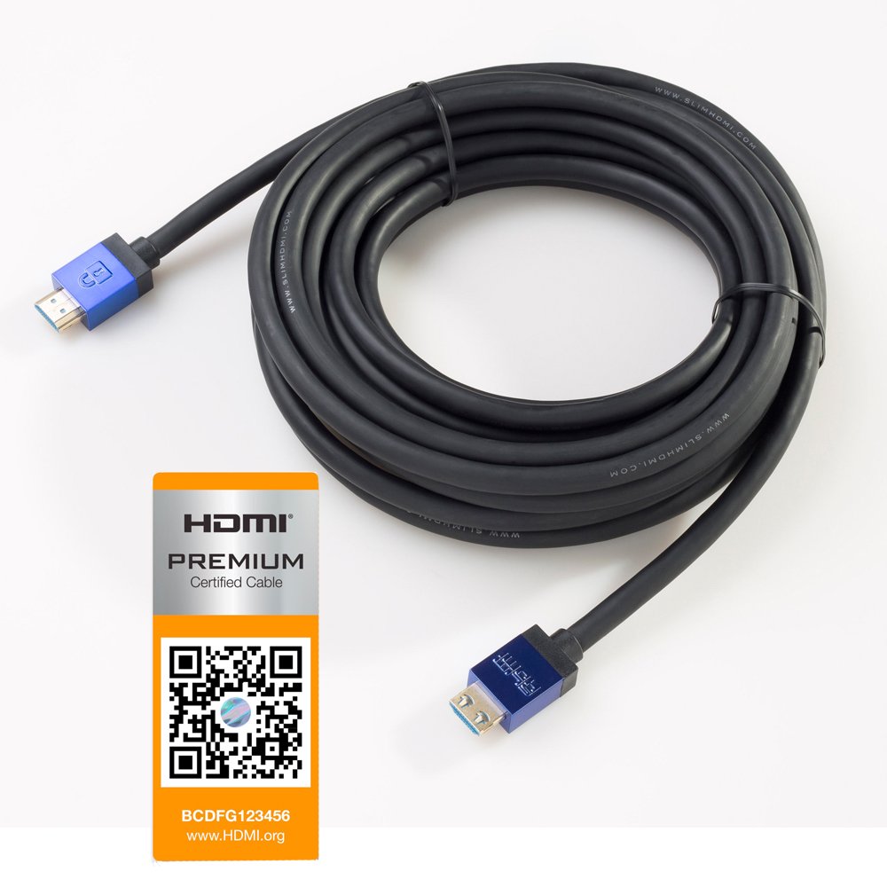 SlimHDMI 6.5m Premium Certified HDMI Cable with Secure Lock Connector (4K Ultra HD, Gold Plated, 1080p, 3D, High Speed, ARC)