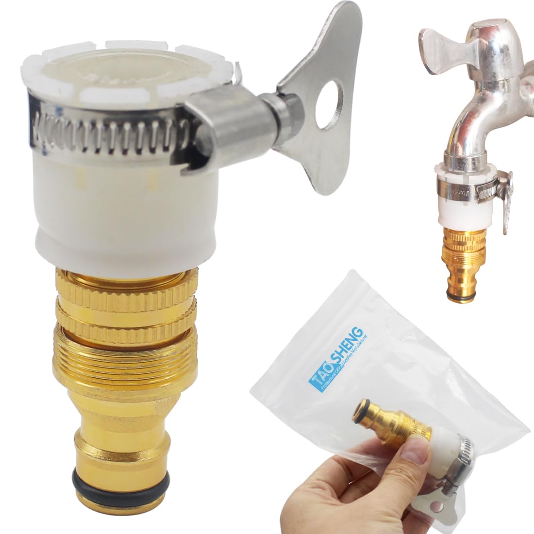 TAOSHENG Universal Mixer Tap Connector, Brass 1/2 & 3/4 Inch Female Faucet Adapter Quick Connect to Hose for Garden Kitchen Laundry, 1 Pack