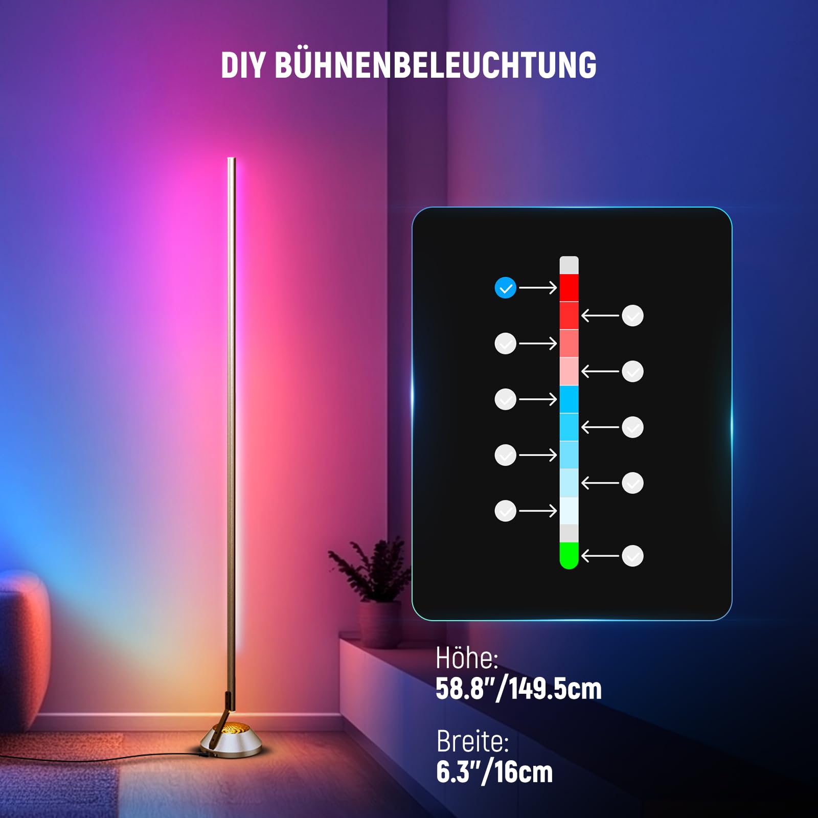 NEEWER Smart RGB IC W Stehlampe, 1500lm LED Eckleuchte kompatibel mit Alexa Google, APP Steuerung/AI DIY/Musiksynchronisation/16 Millionen Farben, Licht für Wohnzimmer Schlafzimmer Dekor, NF01 6