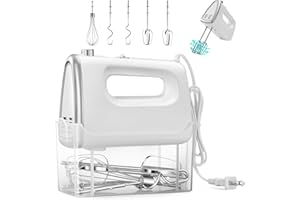 AMOOTEK Hand Mixer Electric, 5-Speed Hand Mixer Electric Portable, with Snap-on Storage Case, 5 Stainless Steel Attachments,Dough Hooks Whisk Storage Case,Blender for Baking & Cooking,White