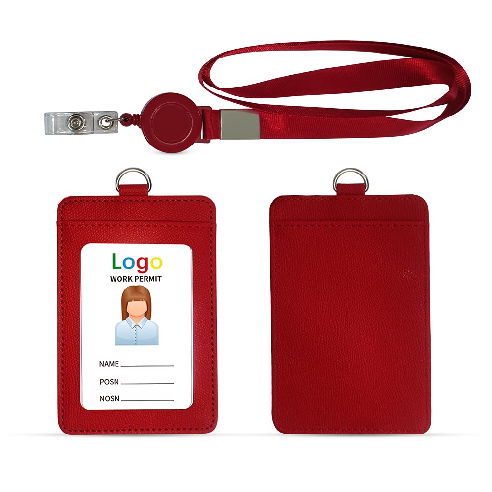 HYCOPROT ID Badge Holder 2-Sided Pu Leather with 1 Id Window and 1 Card Slot and 1 Piece 34.8 Inch Detachable Neck Lanyard id Card Holder for Office School Business Travel Student(red, Vertical)