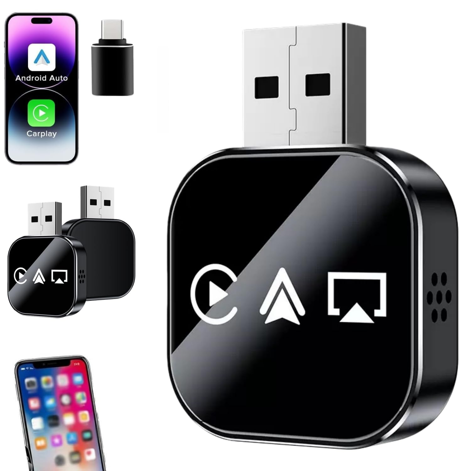 Photo 1 of 2026 Upgrade 3-in-1 Wireless CarPlay Adapter, Wired to Wireless Screen Mirror Link for iPhone/Android, Auto Connect with Dual 2.4/5GHz WiFi & Bluetooth 5.0 (Color-A,for iPhone)