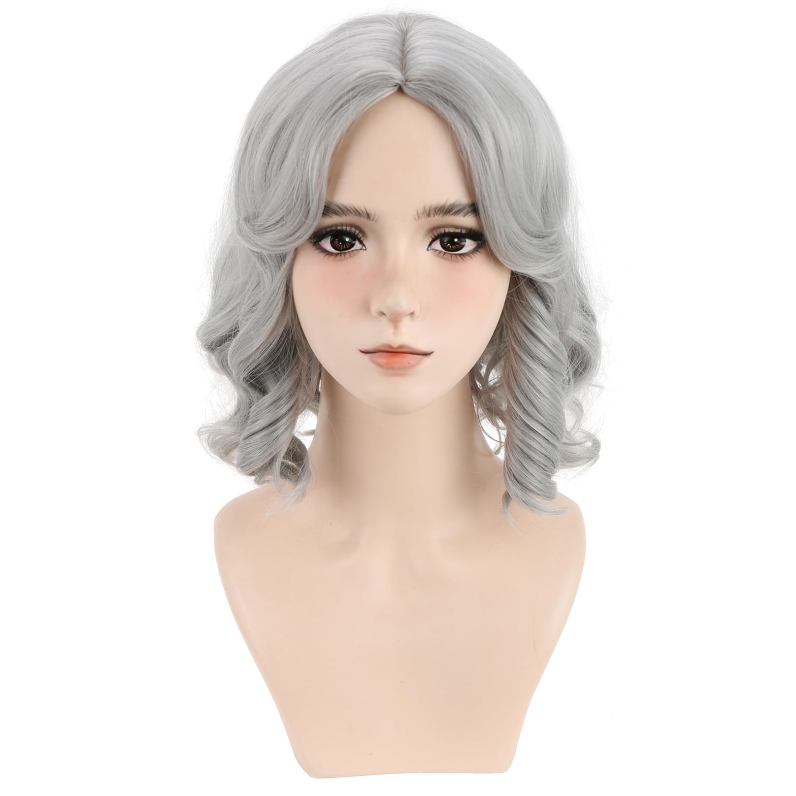 Photo 1 of BERON Womens Silver White Short Wig Girls Curly Wavy Bob Hair Wig Shoulder Length Heat Resistant Synthetic Wigs for Daily or Cosplay Use