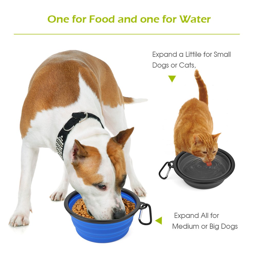 Collapsible Dog Bowl 2 Pack for Large & Small Pet Feed Food Water Feeding Silicone Foldable Expandable Portable Travel Camping Bowl with 2 Carabiner Blue and Gray