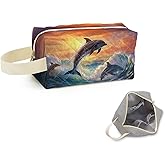 SuoSycorax Sunset Dolphin Printed Quilted Makeup Pouch for Women - Velvety Polyester Cosmetic Organizer w/Triple Compartments, Travel & Makeup Brush Holder