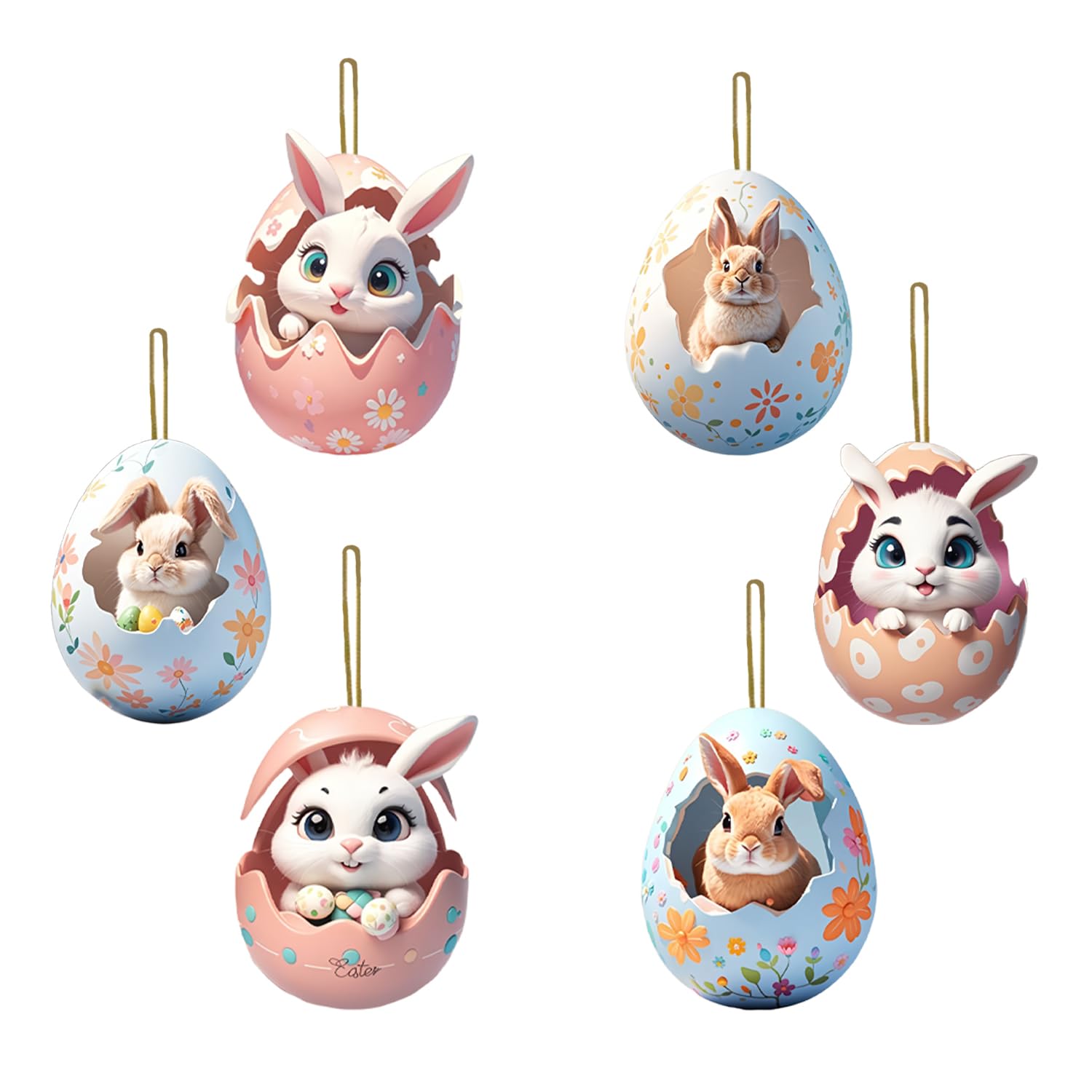 Photo 1 of 6 Pcs Easter Eggs Decorations Hanging Ornaments Spring Cartoon Eggs Hatching Bunny Designs 2D Flat Easter Tree Ornaments Cute Mini Rabbit Tree Hanging Ornament for Home Office Party Supplies