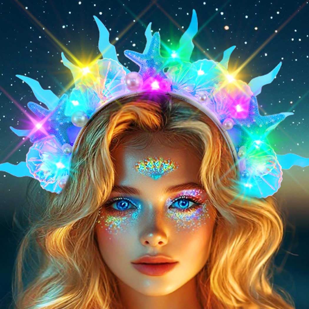 Handcess Light up Starfish Crown Headband Blue LED Shell Hair Band Glowing Mermaid Costume Hair Hoop Luminous Rave Hair Accessories for Women