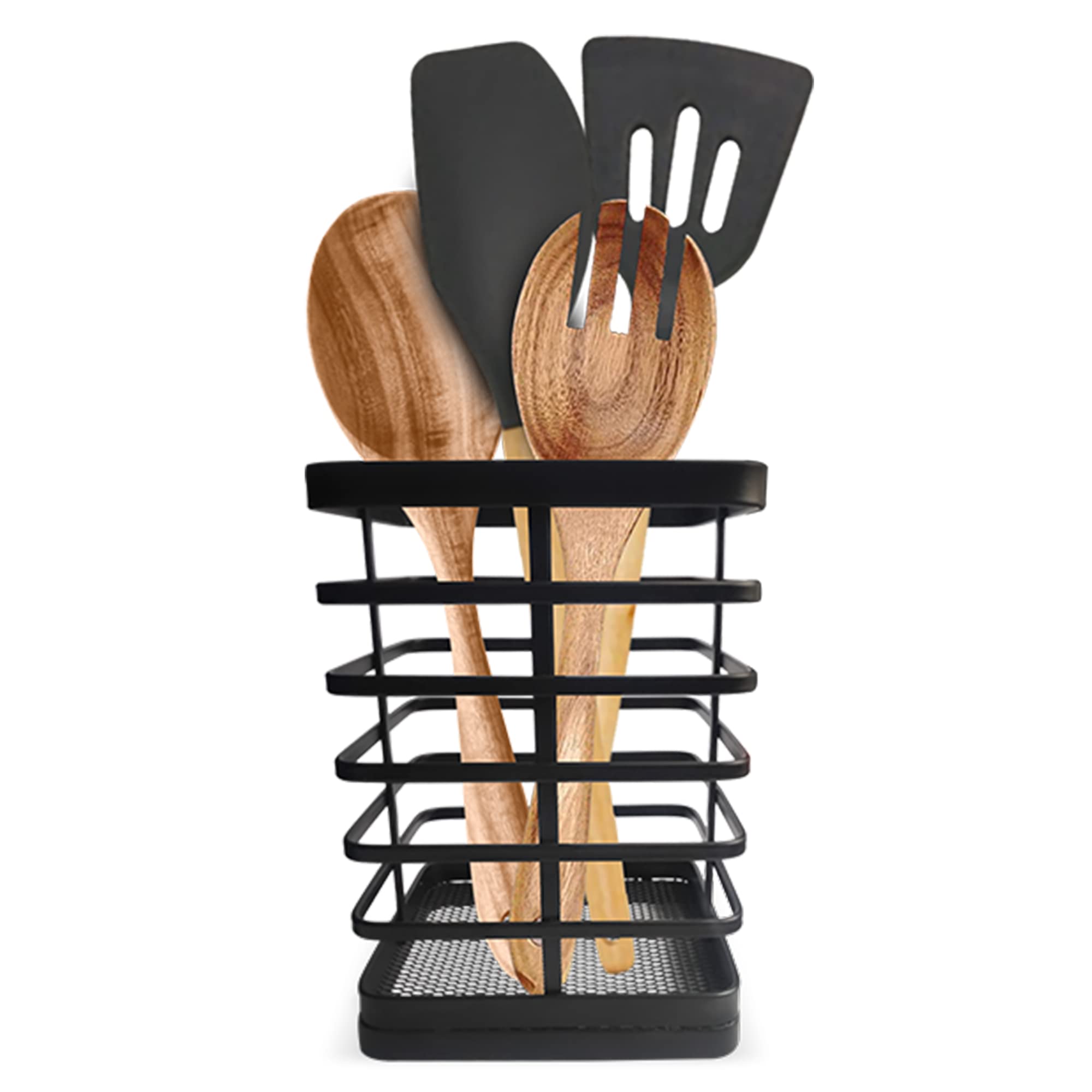 Flatro Black Metal Wire Utensil Organiser and Drainer | Compact Kitchen Utensil Holder for Metal Spatulas, Wooden Spoons and Tongs
