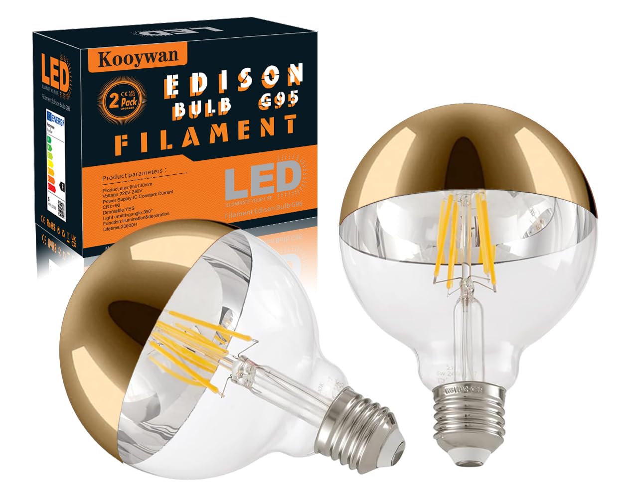 KOOYWAN Gold LED Light Bulb G95 Globe, Dimmable 6W Vintage Filament 2700K Warm White Half Goled Crown Mirror Bulb Anti Dazzle use for Decorative Indoor Lighting E27 Screw Cap-Pack of 2