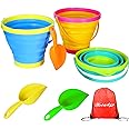Holady 7 PCS Beach Pails Sand Buckets and Sand Shovels Set for Kids,Cute Beach Toys,Foldable Bucket Portable Silicone Pail fo
