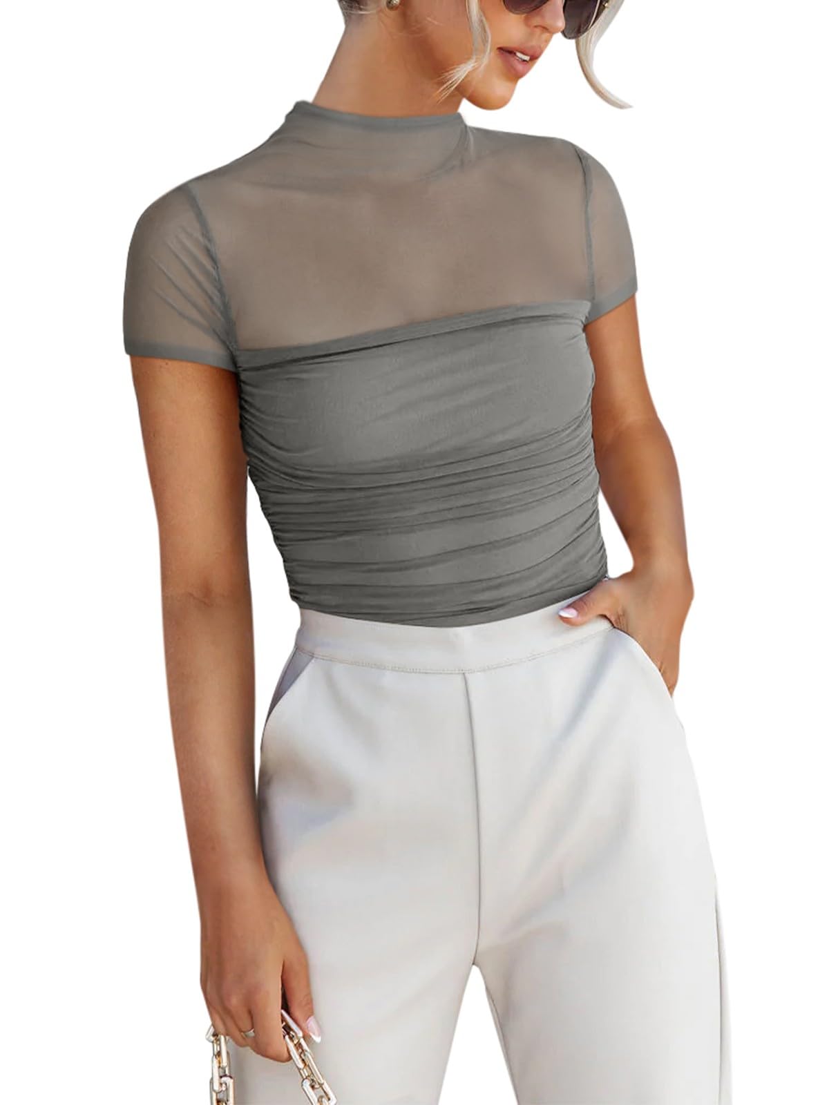 Photo 1 of REORIA Sexy Bodysuits for Women Classic Mock Turtle Neck Short Sleeve Slim Fit Shirts Sheer Mesh Ruched Trendy Going Out Tops Cute Office Bodysuits Antique Pewter Large