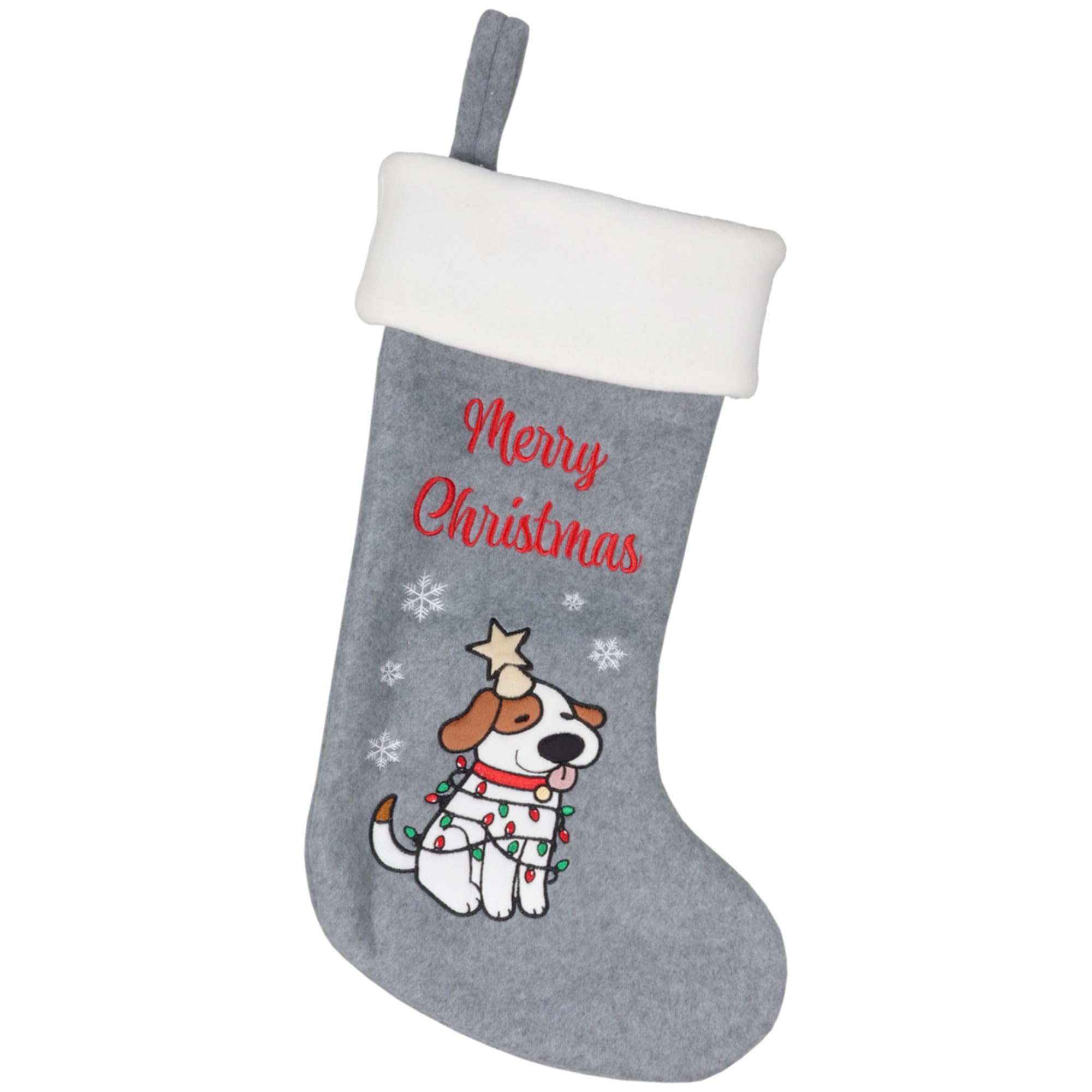 BambooMN 1 Pc Set 18" Classic Hand Embroidered Sequined Cute Animal Christmas Stocking, 20 Christmas Light Dog