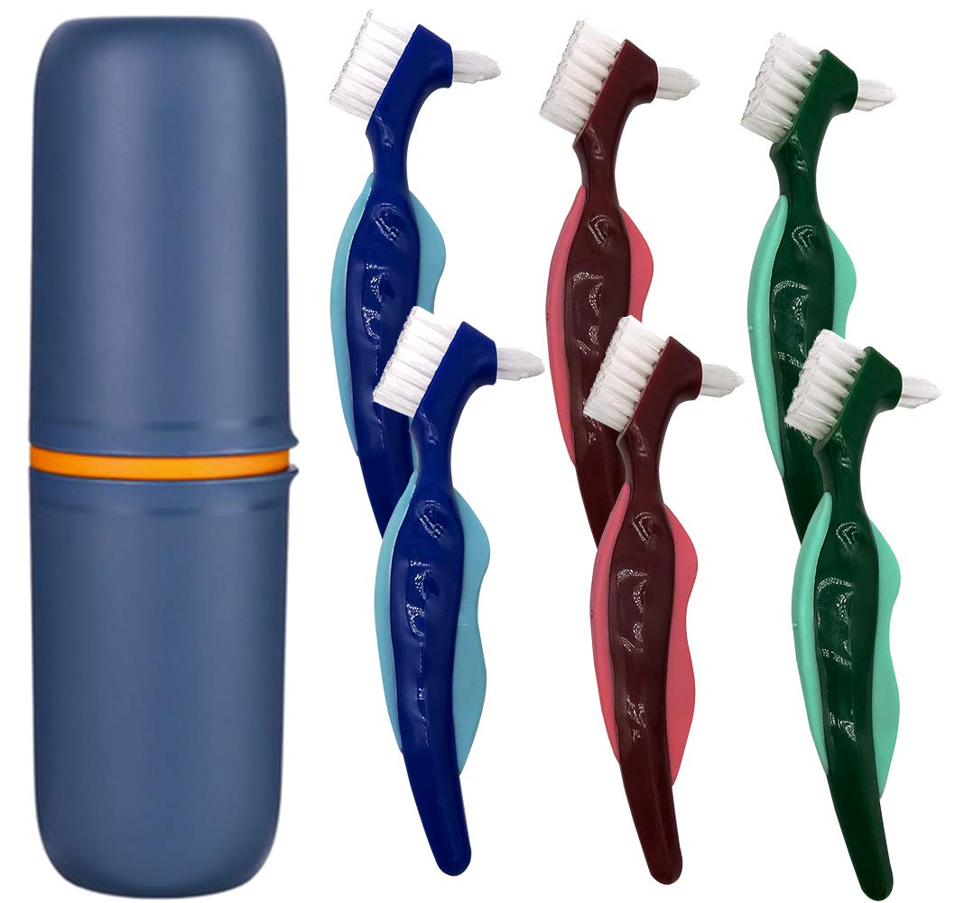 6 Pcs Premium Hard Denture Brush Toothbrush with Premium Carrying Case , Multi-Layered Bristles & Portable Denture Double Sided Brush for Denture Care: Health & Personal Care