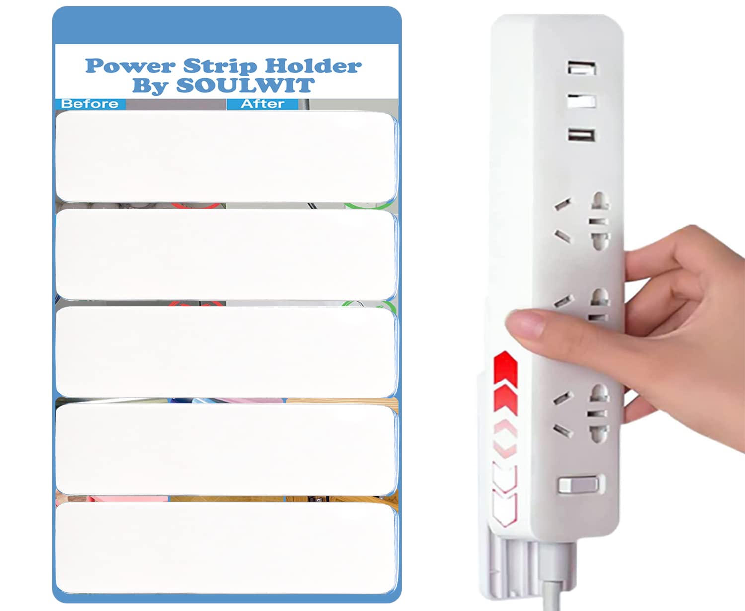 Photo 1 of SOULWIT 5-Pack Self Adhesive Power Strip Holder, Surge Protector Fixator Wall Mount Punch Free Cable Management System for Remote Control Router Computer Kitchen Home and Office