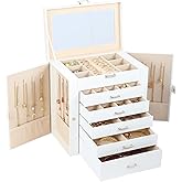 BOOVO Jewelry Box For women, 6 Layer Large Jewelry Organizer With Mirror, Multi-Function Storage Box With Lock, Necklace Holder With 5 Drawers, For Earrings Necklace Bracelet (Silver and White)