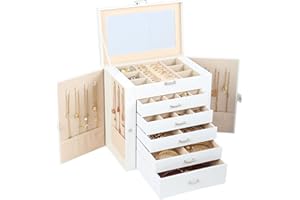 BOOVO Jewelry Box For women, 6 Layer Large Jewelry Organizer With Mirror, Multi-Function Storage Box With Lock, Necklace Holder With 5 Drawers, For Earrings Necklace Bracelet (Silver and White)