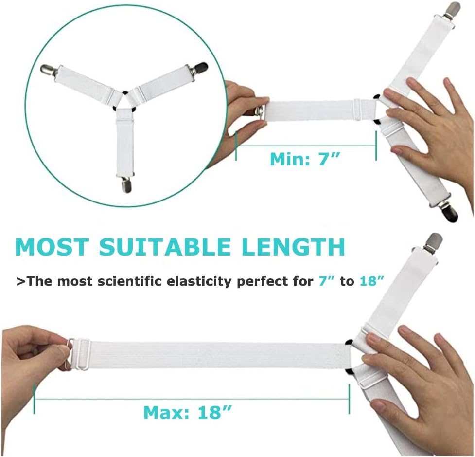 Bed Sheet Fasteners Bed Sheet Holder Straps Triangle Bed Sheet Keepers Adjustable Elastic Bed Sheet Holders Mattress Cover Holder Fasteners and Suspenders with Heavy Duty Grippers Clips, 4Pcs (White): Home & Kitchen
