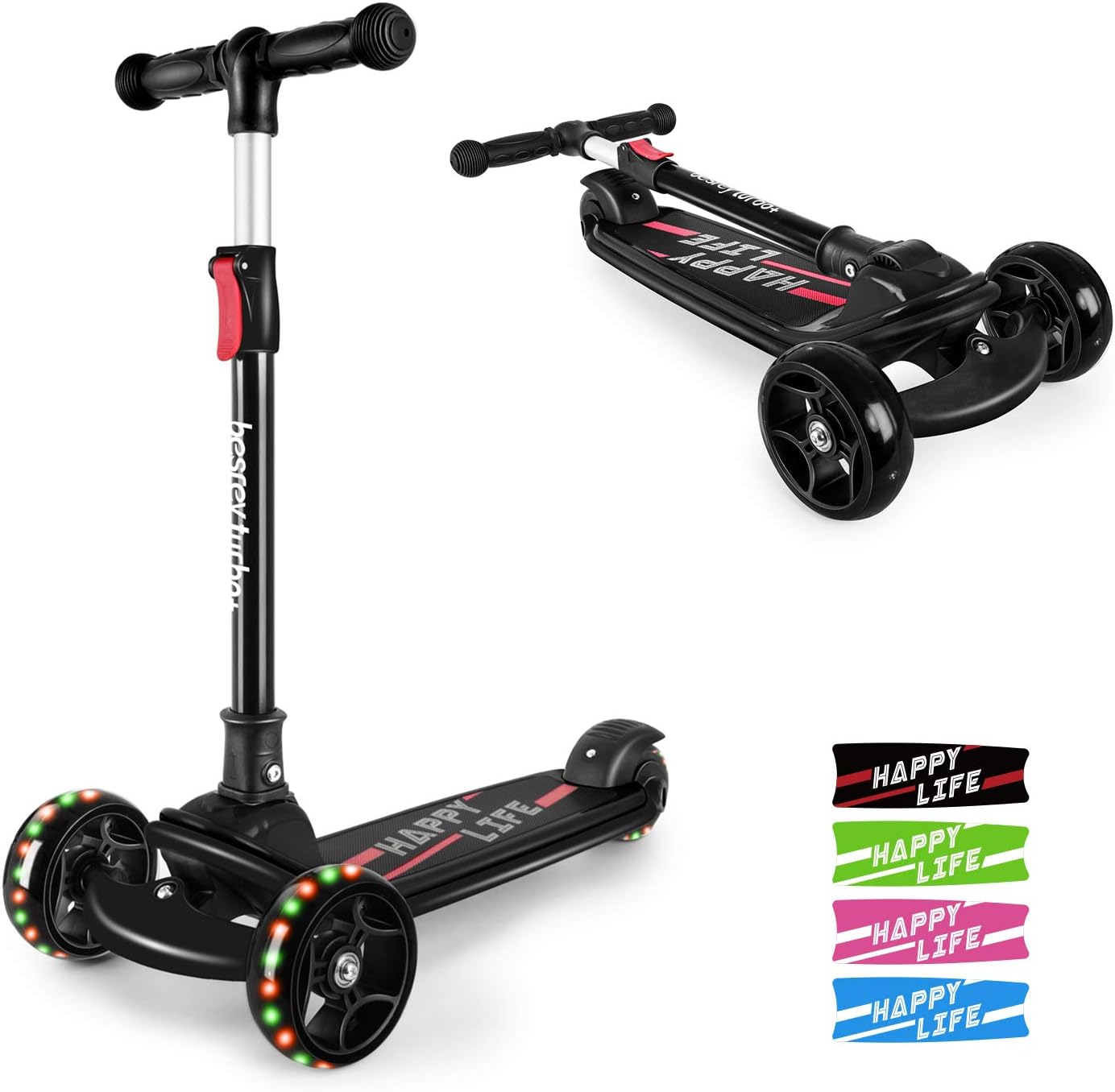 besrey Kids Scooter, Big Wheels Foldable Kick Scooter with Flashing LED Lights for Boys Girls 4 Levels Height Adjustable