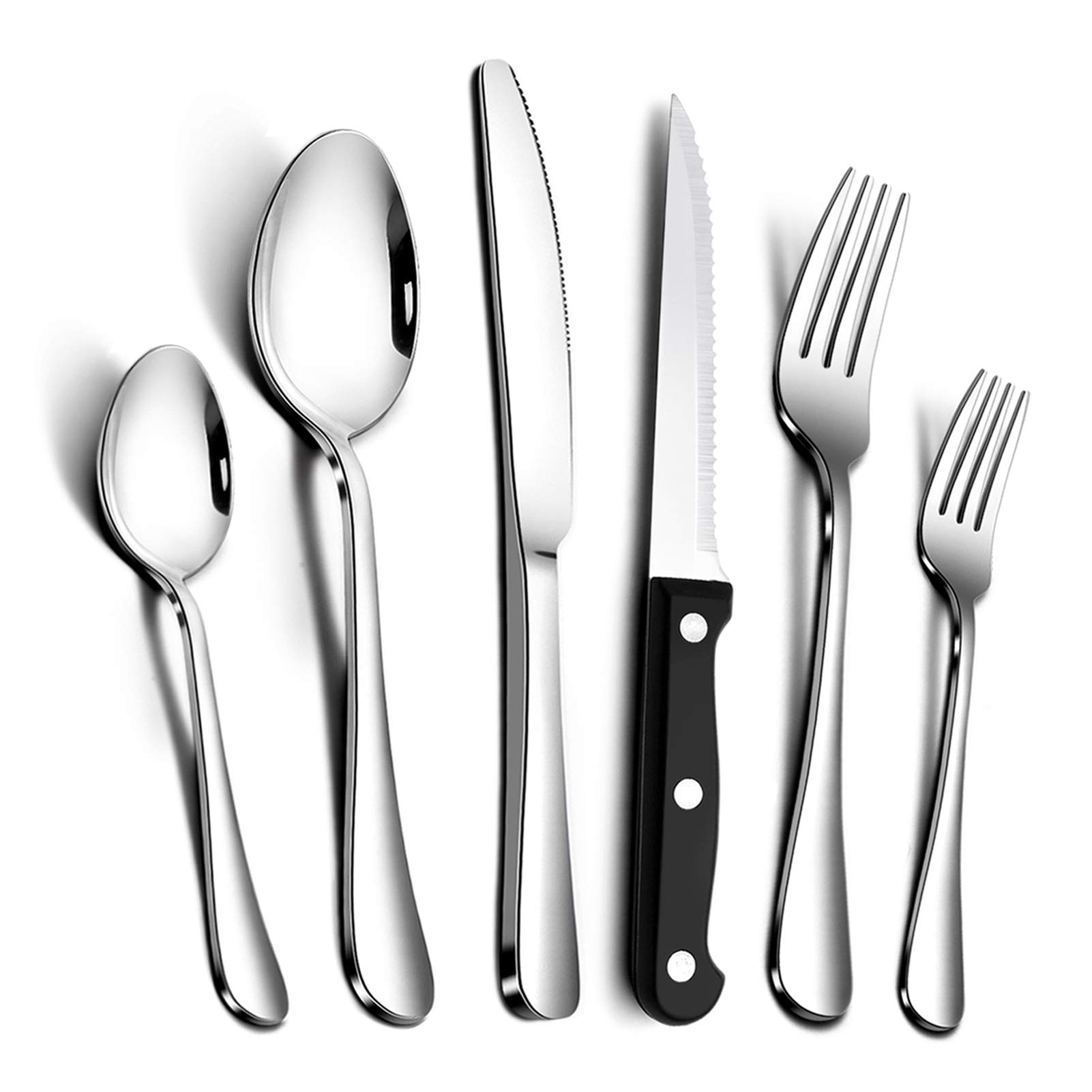 Teivio 24-Piece Silverware Set, Flatware Set Mirror Polished, Dishwasher Safe Service for 4, Include Steak Knife/Fork/Spoon