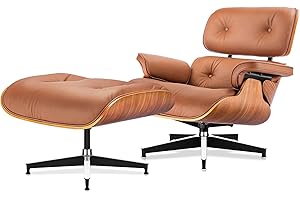 Asukale Top Black Grain Leather, Mid Century Chaise Lounge Chair and Ottoman, Modern Chair Classic Design, Heavy Duty Base Support for Living Room Study Lounge Office, Walnut-Brown, Heightening
