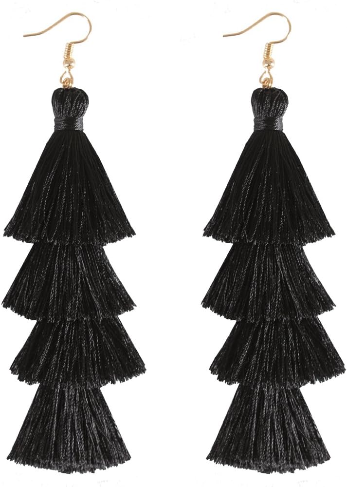 HSWE Tassel Earrings Hula Skirt Thread Tassel Eardrop Tiered Dangle Earrings Black