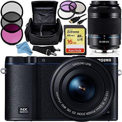 Samsung NX3300 Mirrorless Digital Camera with 16-50mm Power Zoom Lens & 50-200mm f/4.0-5.6 ED OIS II Lens (Black) 10PC Bundle. Includes SanDisk 16GB Extreme SDHC Memory Card (SDSDXN-016G-G46) + MORE