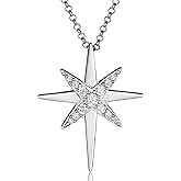 MISS MIMI North Star Pendant Necklace for Women,Cubic Zirconia CZ Eight Point Star Design,925 Sterling Silver Adjustable 16" to 18" Chain,Dainty Layering Jewelry Gift