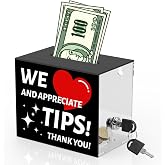 CHONOVO Lockable Acrylic Tip Jar with Thank you Design, Black Tip Box | 3mm Acrylic, 3.9in Slot for Tip, 2 Keys, Wall Mount or Desktop for Bartender, Restaurant, Cafe&amp; Secure Cash Collection