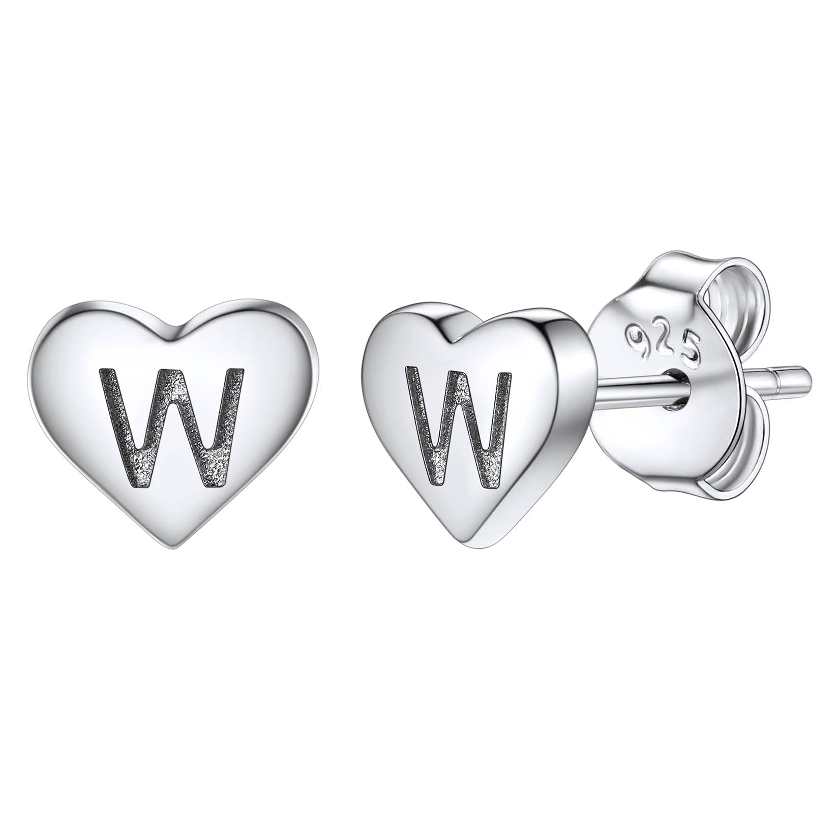 Studs Earrings for Women, S925 Sterling Silver Heart Initial Letter W Small Tiny Earrings for Girls Ladies Mum Daughter Sisters Friends Lover Hypoallergenic Silver Jewellery with Gift Box