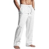 QOSOQ Men's Casual Linen Pants Elastic Waist Drawstring Summer Beach Lightweight Trouser with Pockets